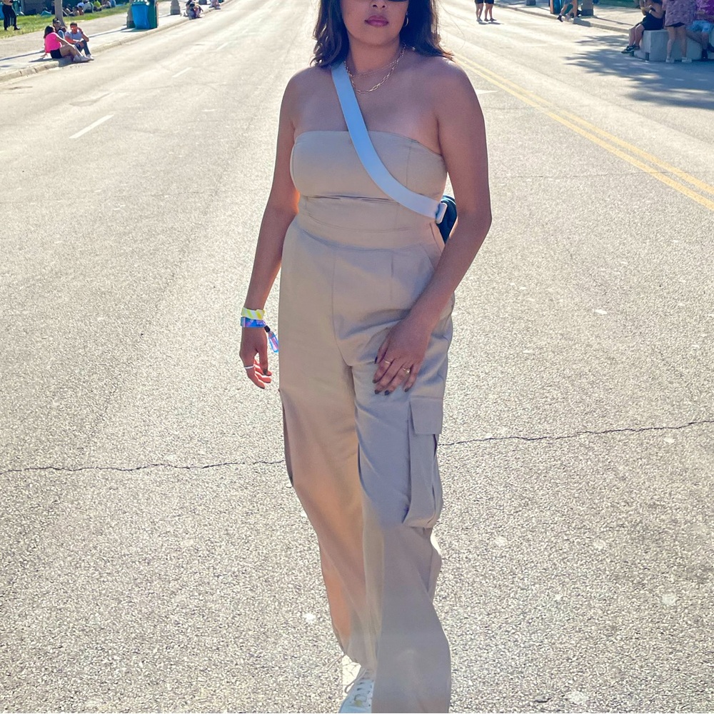 Dynamite Strapless Cargo Jumpsuit in Beige/Tan